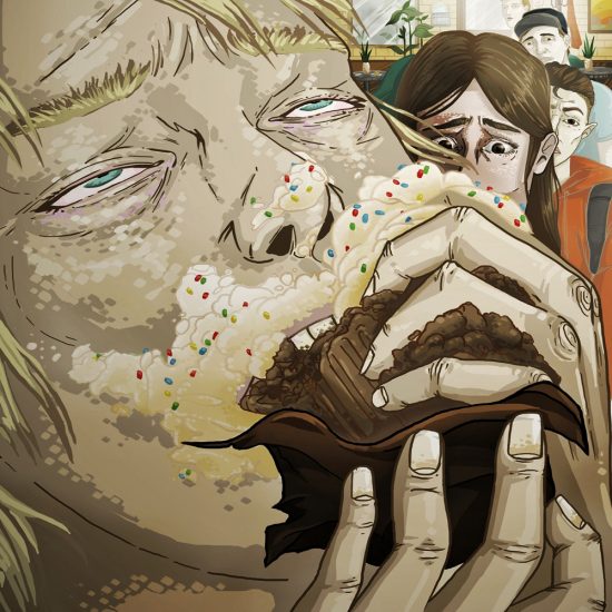 An illustration of a man devouring a cupcake with grotesque fervor while onlookers watch aghast.