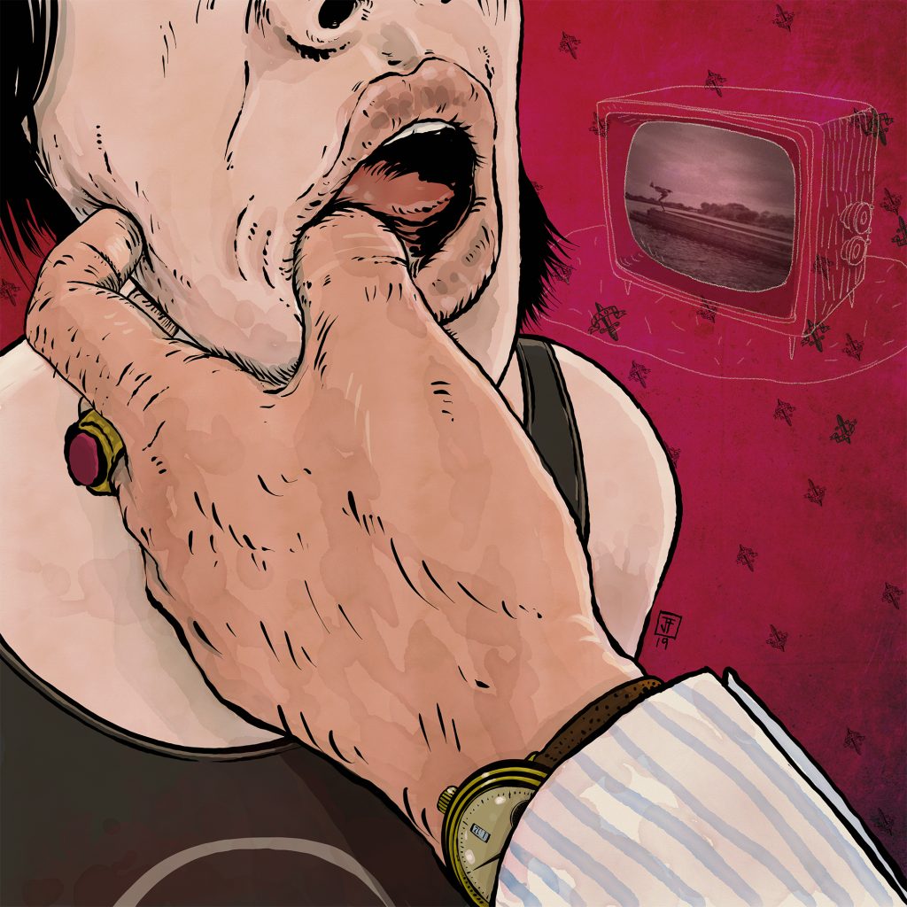 Digital illustration of a womans mouth being opened and a mans thumb pressing inside it.
