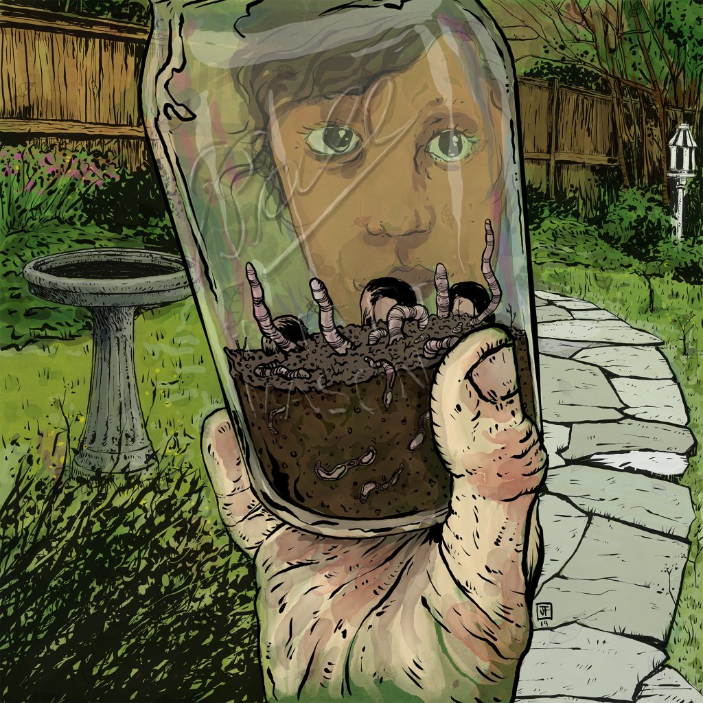Digital illustration of an old man's hand holding up a jar of worms with a young boy's reflection in the glass.
