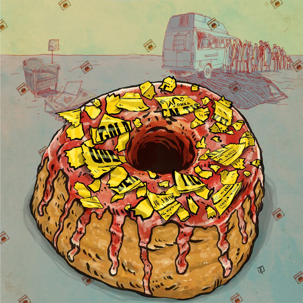 Digital illustration of a thick doughnut with golden leaf toppings made up of a torn golden ticket spread on a red frosting