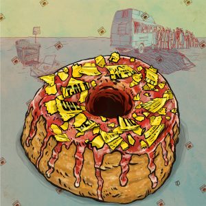 Digital illustration of a thick doughnut with golden leaf toppings made up of a torn golden ticket spread on a red frosting