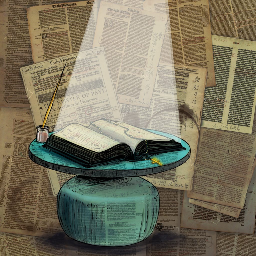 Digital illustration of a bible on a green pedestal with a ray of light shining onto it.