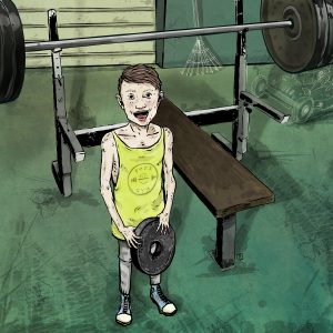 Digital illustration of a skinny little boy in a garage gym holding a weight 