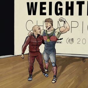 Digital illustration of a father and son, both weightlifters, at a competitive meet