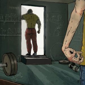 Digital illustration of a weightlifter father in the doorway while his son with multiple sclerosis stands behind him.