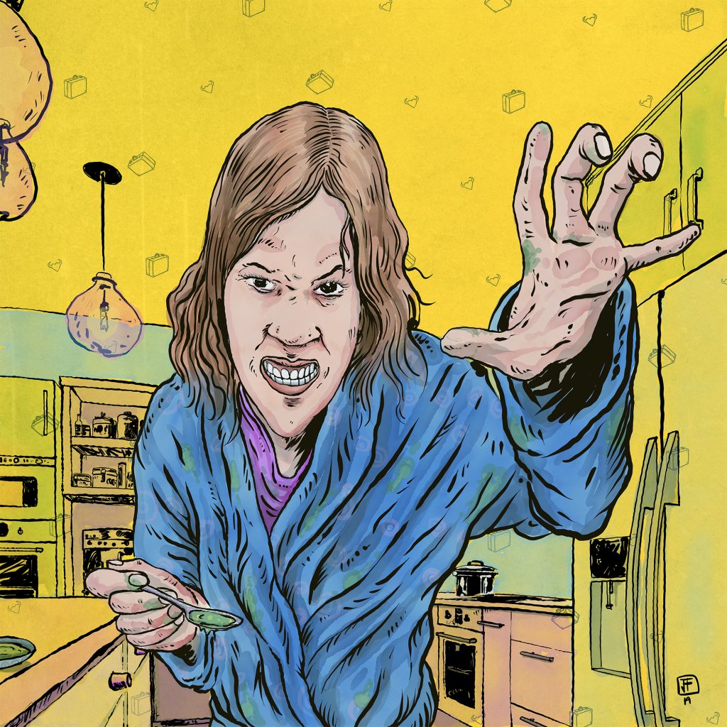 Digital illustration of a mother acting like a momma grizzly as she tries to feed her baby.