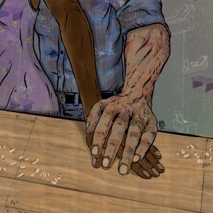 Digital illustration of a white mans older hand on top of an older black womans, both on a woodworkers sanding table.