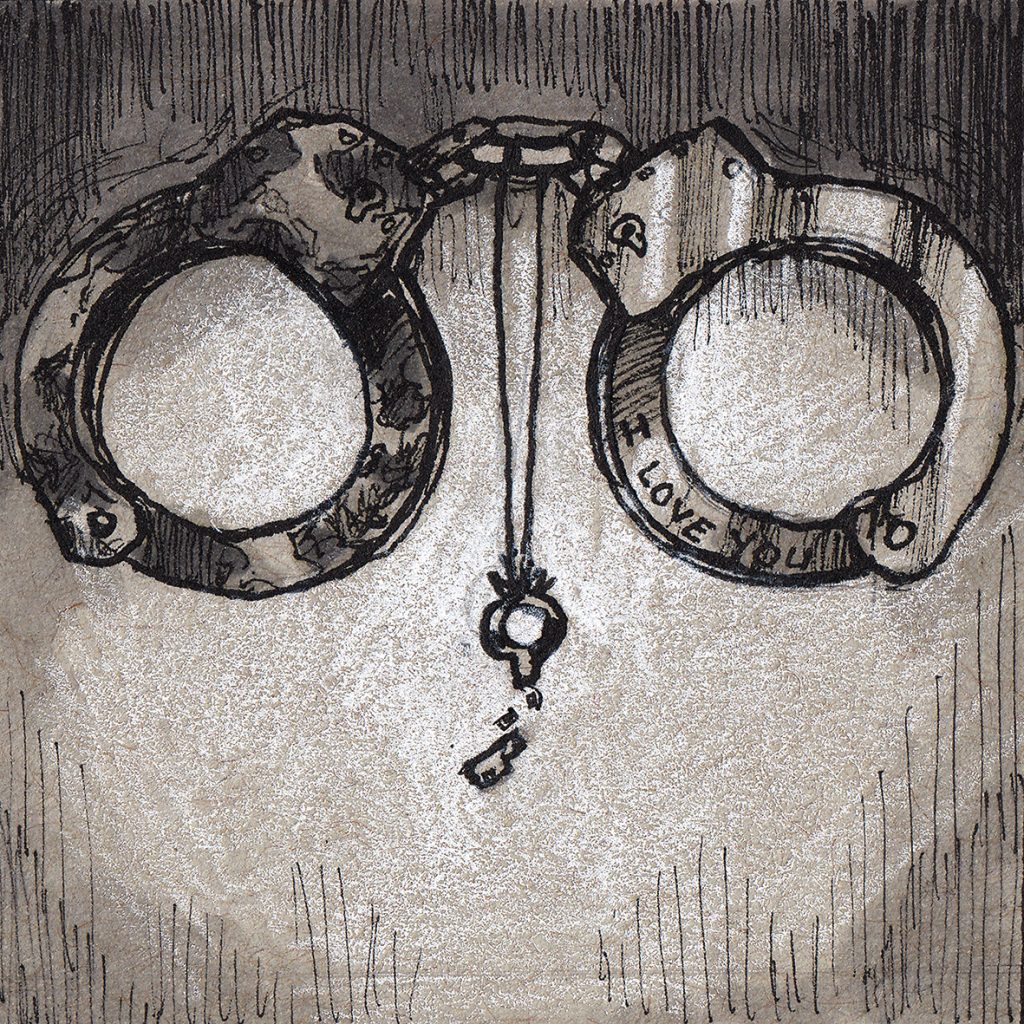 Pencil digital illustration of a pair of handcuffs with a broken key dangling from its center