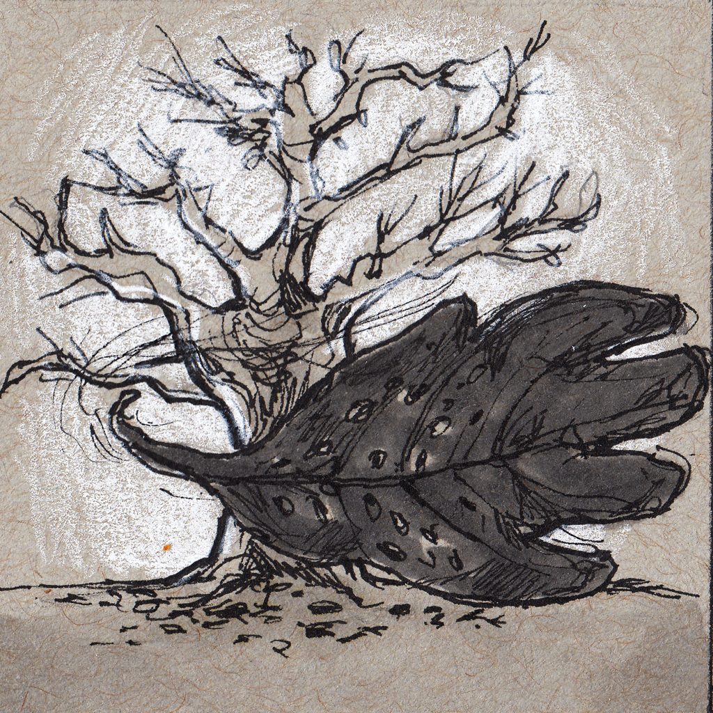 Pencil digital illustration of a tree with its leaves falling away.