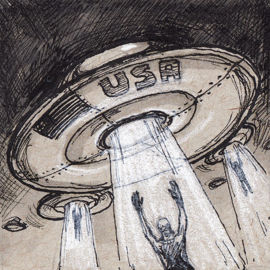 Pencil digital illustration of a flying saucer beaming down a light onto a back alley street and little girl underneath