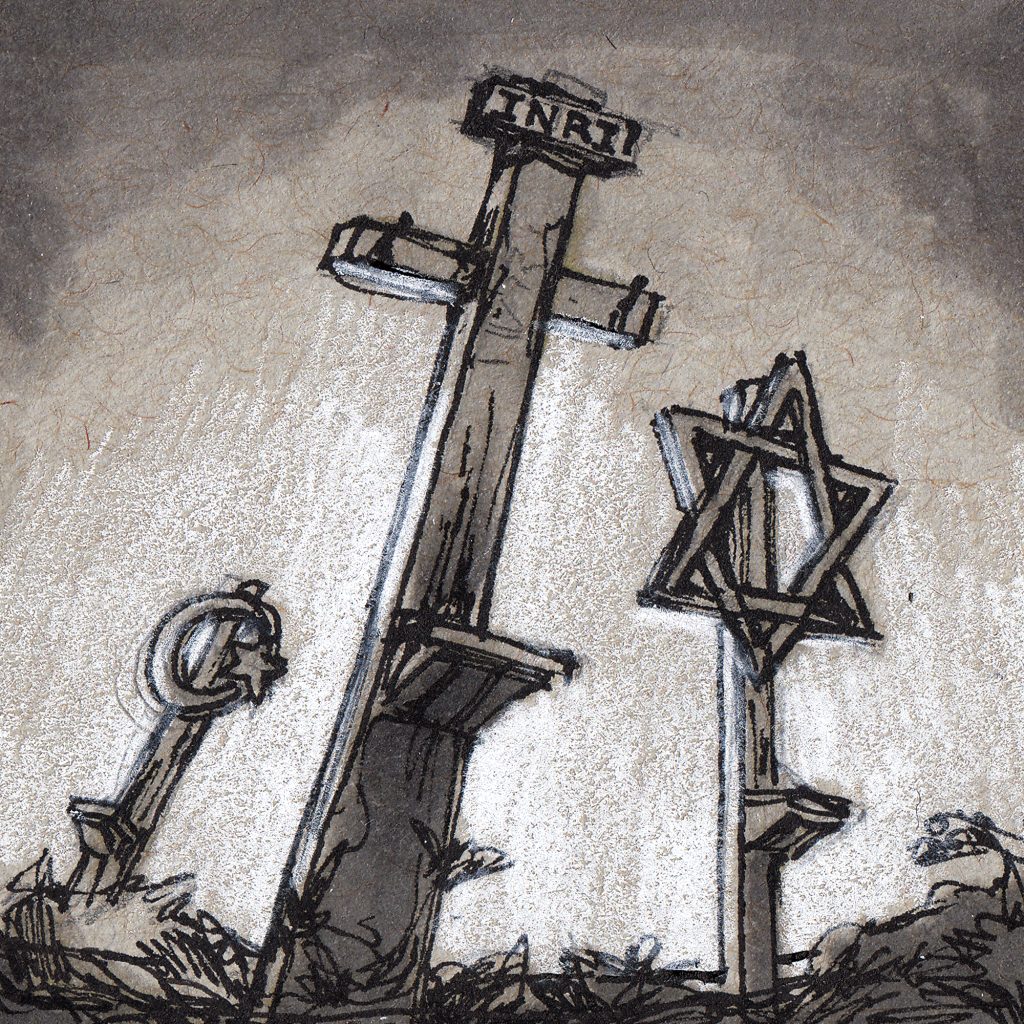 Pencil digital illustration of a crucifex, a star of david and another pedestal in a field