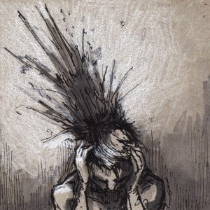 Pencil digital illustration of a young man with his head turned down and the back exploded out onto the wall