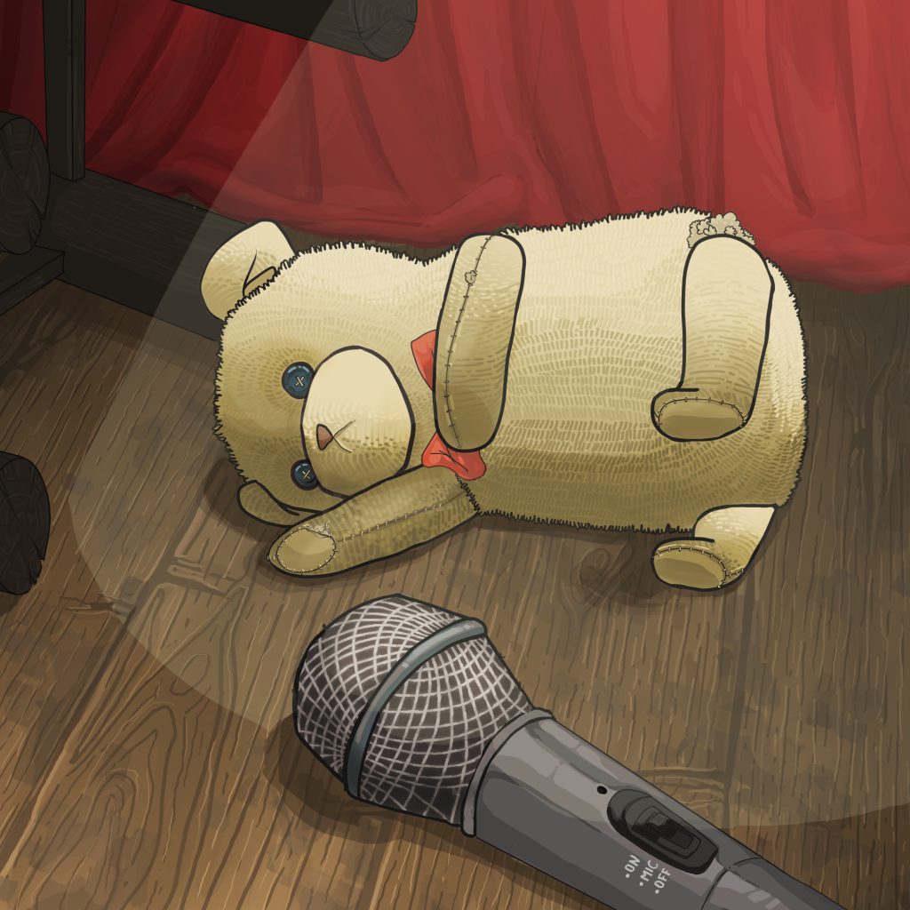 Digital illustration of a teddy bear and a microphone lying together on a stage.