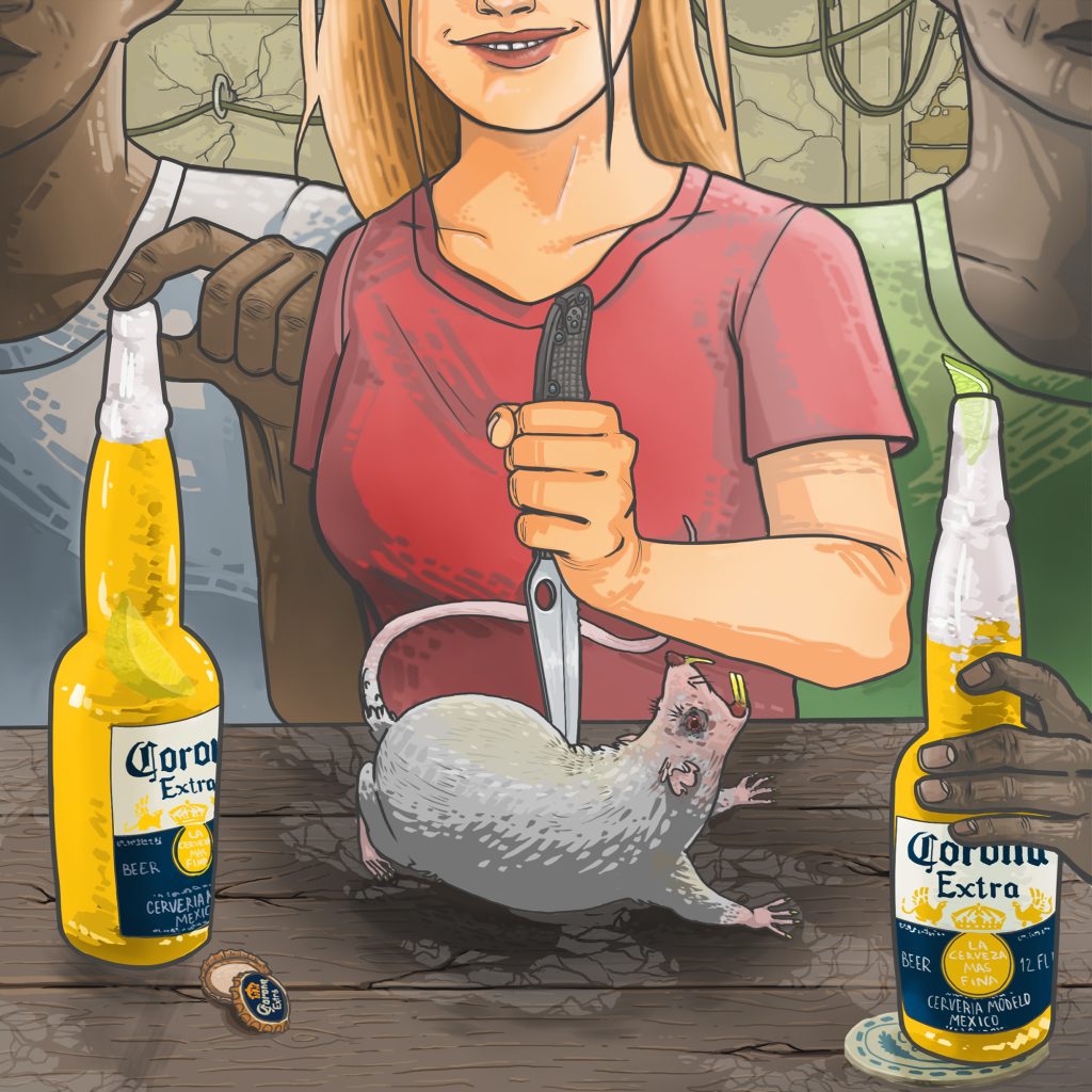 Digital illustration of a young caucasian girl stabbing a rat in the middle of a park bench with two African friends drinking Corona's beside her.