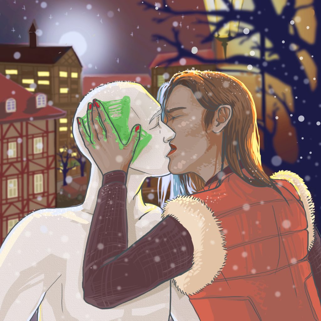 Digital illustration of a woman kissing a mannequin like man under a snowy night sky.