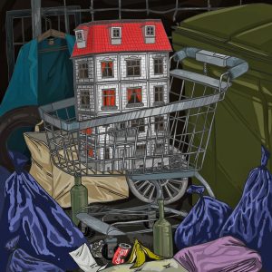 Digital illustration of a ragged shopping cart with a doll's house inside and parked amidst garbage.