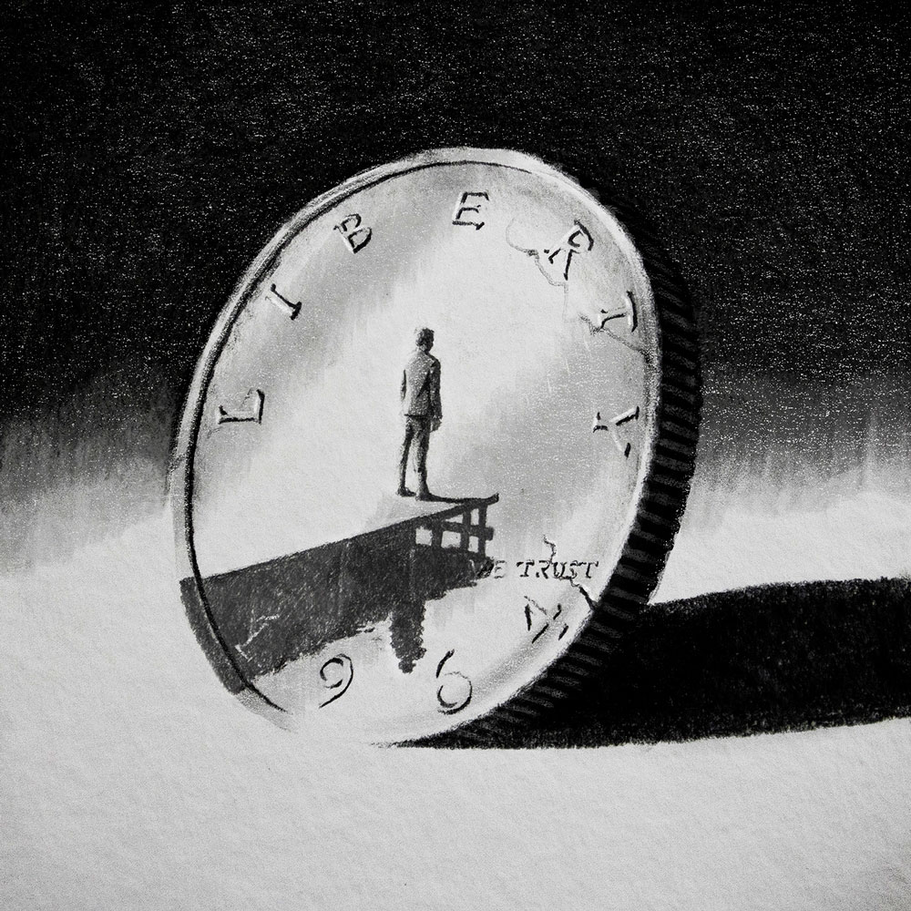 Charcoal drawing of a dollar coin with a man at the end of a pier embossed on its center.