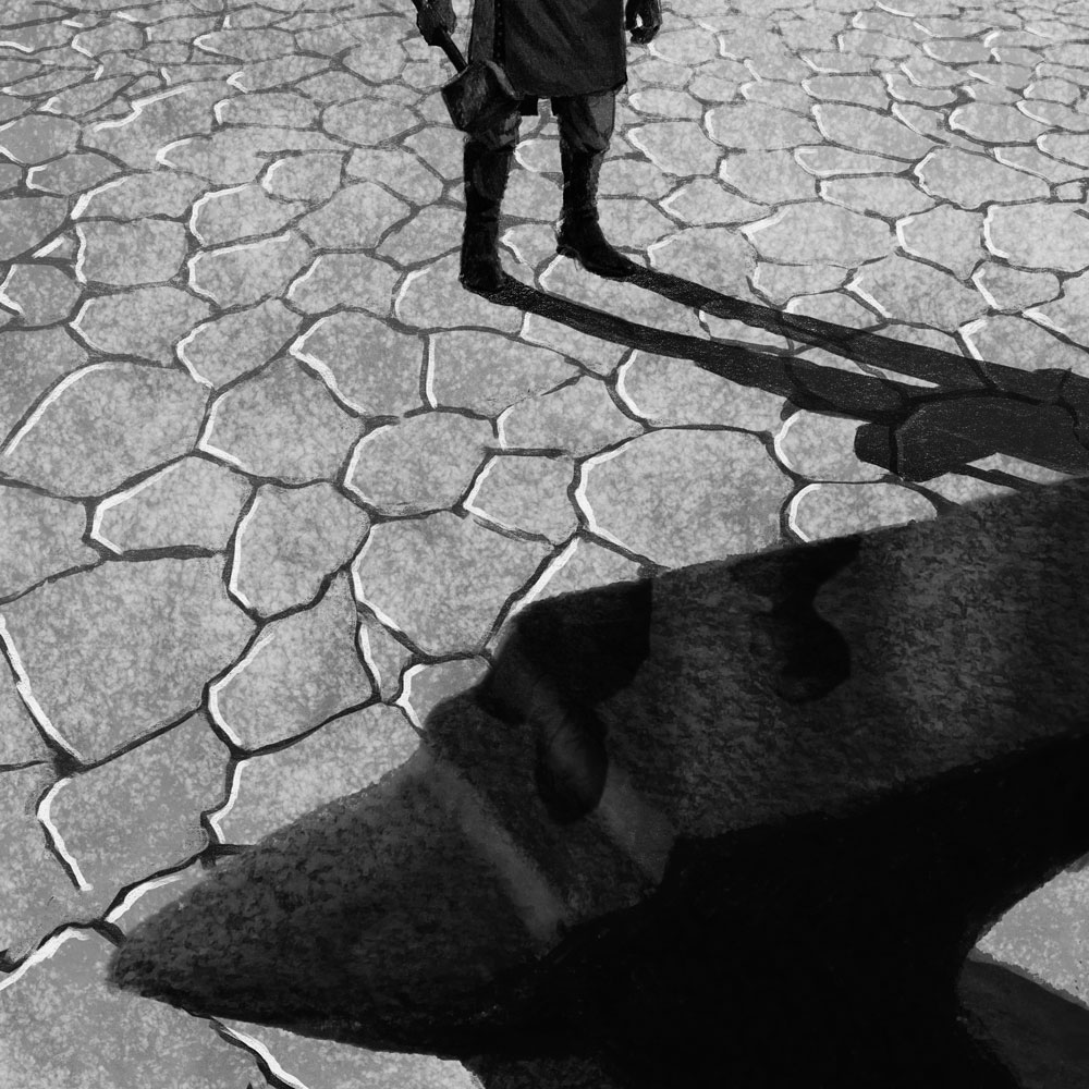 Black and white pencil sketch of a forge on a floor of stoned pavement with the shadow of a man in the background.
