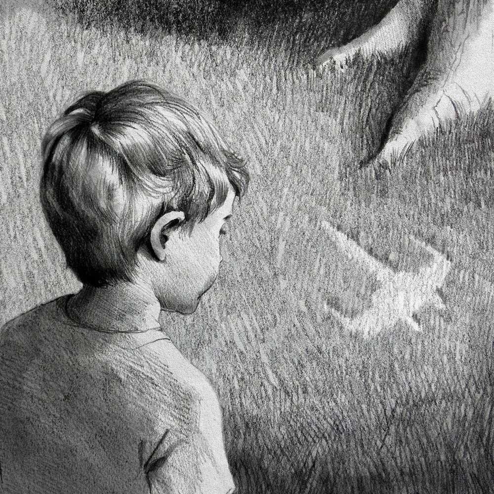 Black and white pencil illustration of a little boy starting at a patch of grass imprinted with the dent of a toy x-wing fighter.