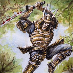 Watercolor painting of an ancient, evil samurai leaping in the air to deliver a final death blow below