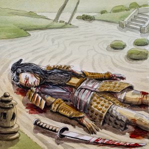 Watercolor painting of a samurai woman laying on a racked sand garden, wounded and almost dead.