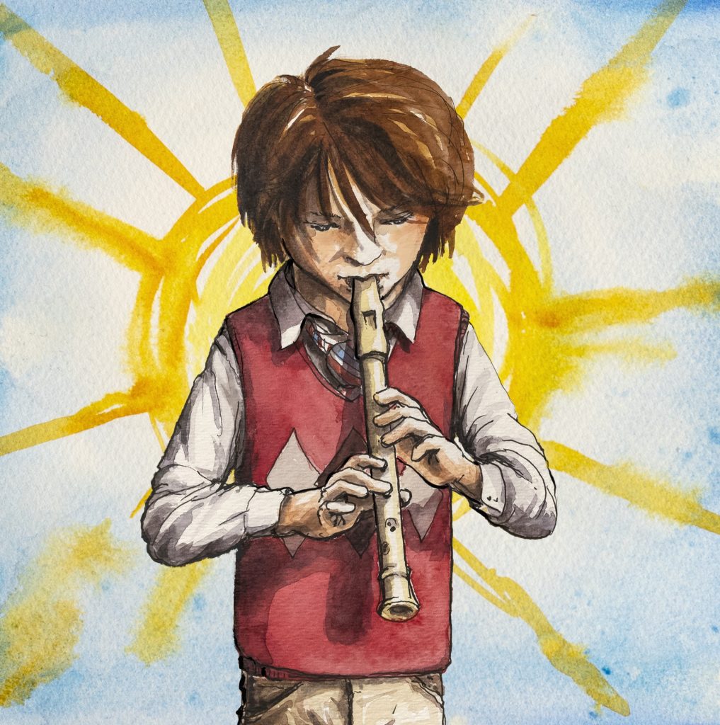 Watercolor painting of a boy playing a recorder with a sun beaming behind him.