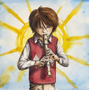Watercolor painting of a boy playing a recorder with a sun beaming behind him.