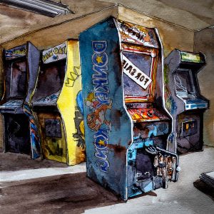 Watercolor painting of a dilapidated Donkey Kong standing console machine.