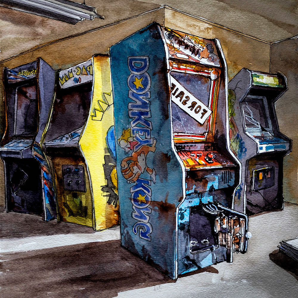 Watercolor painting of a dilapidated Donkey Kong standing console machine.