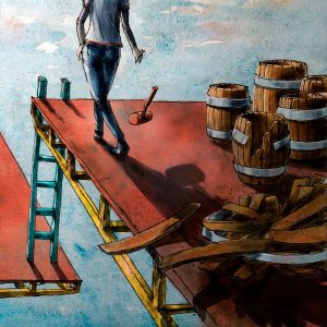 Watercolor painting of a dilapidated Donkey Kong standing console machine.