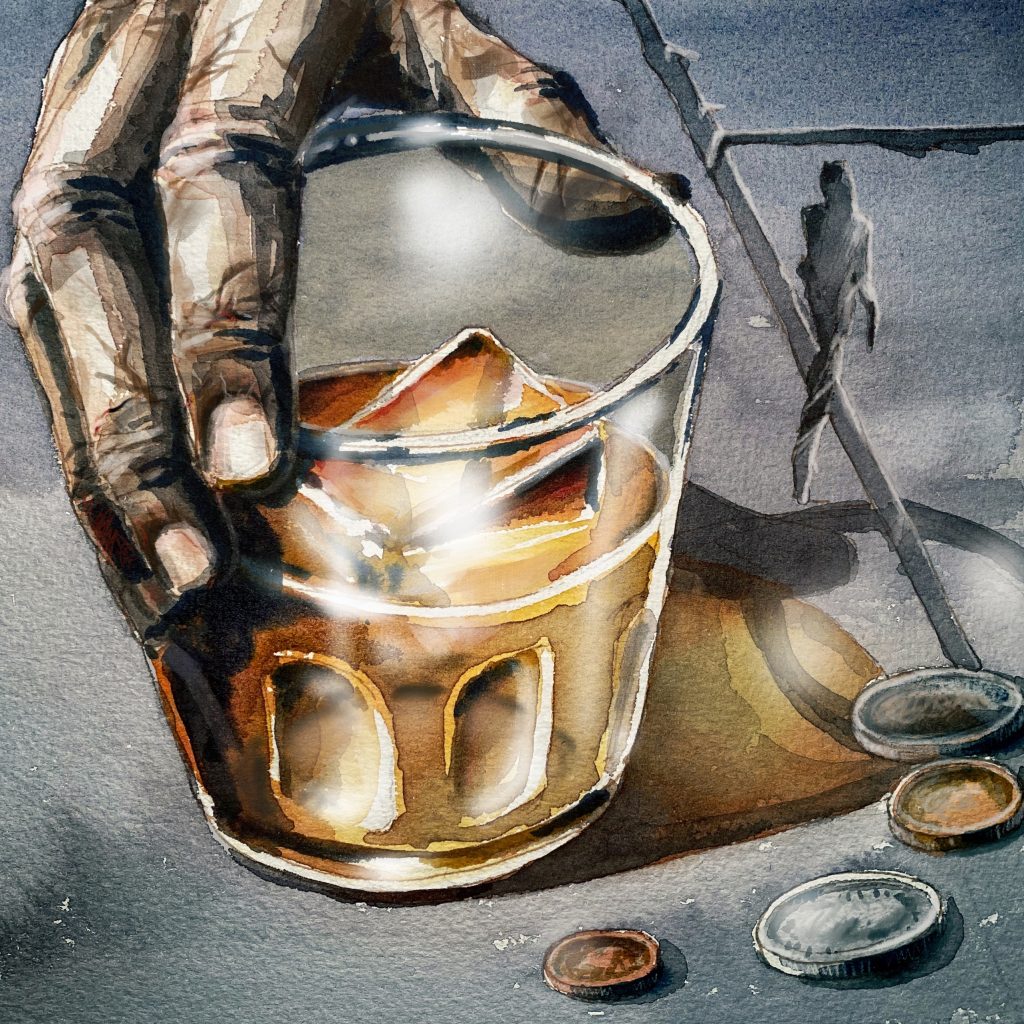 Watercolor painting of a high ball glass with a brown spirit under an ice cube and an old man's hand grasping it on a bartop.