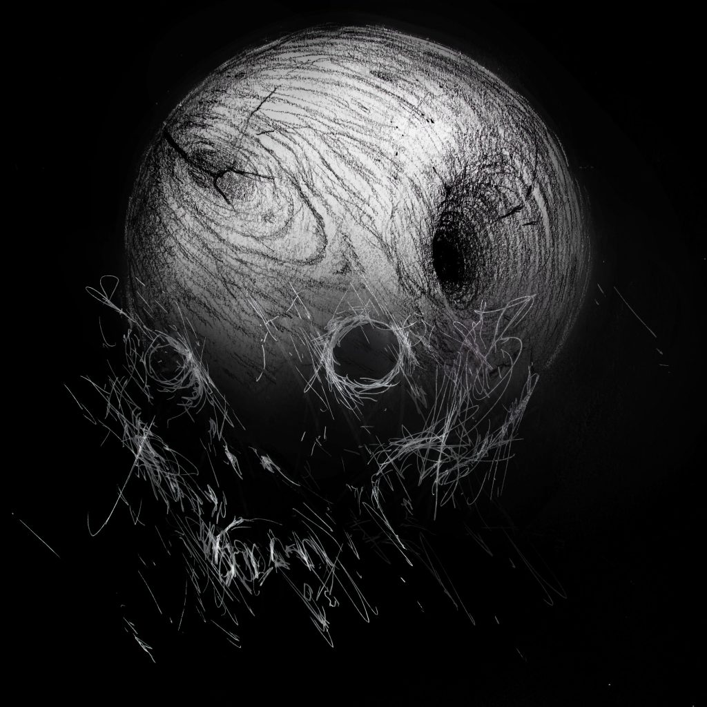 A black and white inverted pencil sketch of a human skull with a hole in it.