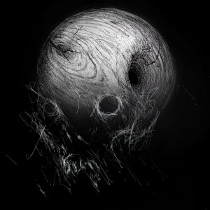 A black and white inverted pencil sketch of a human skull with a hole in it.