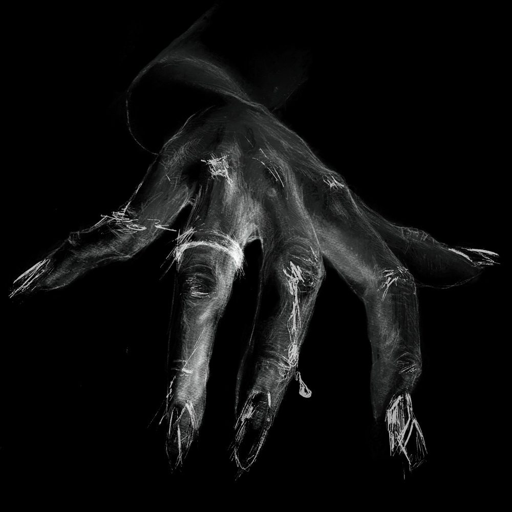 Inverted black and white pencil sketch of a mangled woman's hand with broken nails and a hint of a wedding band.