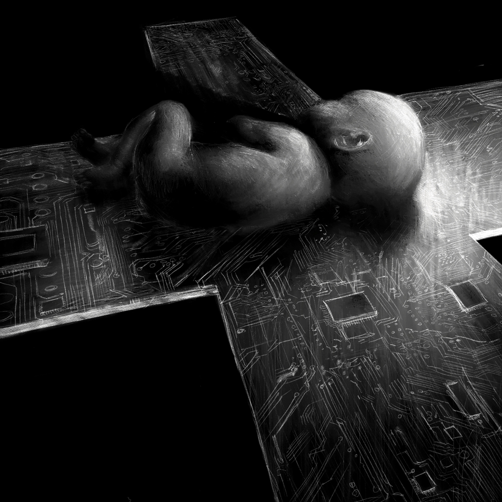Inverted black and white pencil sketch of a cross with a baby at its center.
