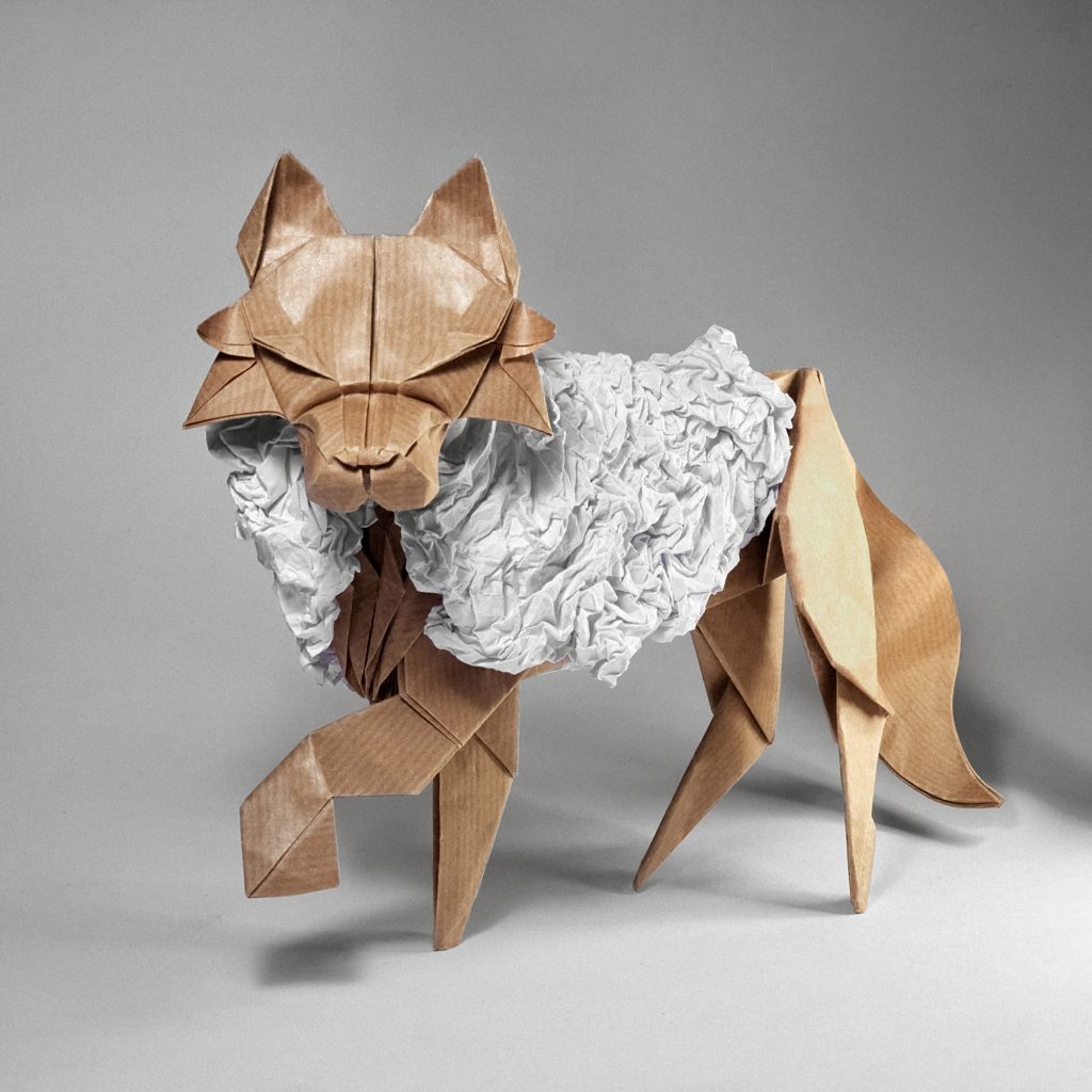 Origami of a wolf wearing a sheeps coat.