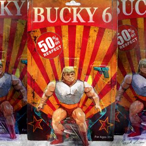 Digital illustration of He-Man action figure in a box as a toy named Bucky