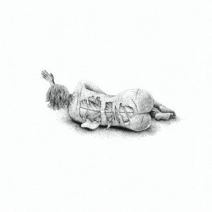 Pointillism illustration of a human body with its black flesh flayed off.