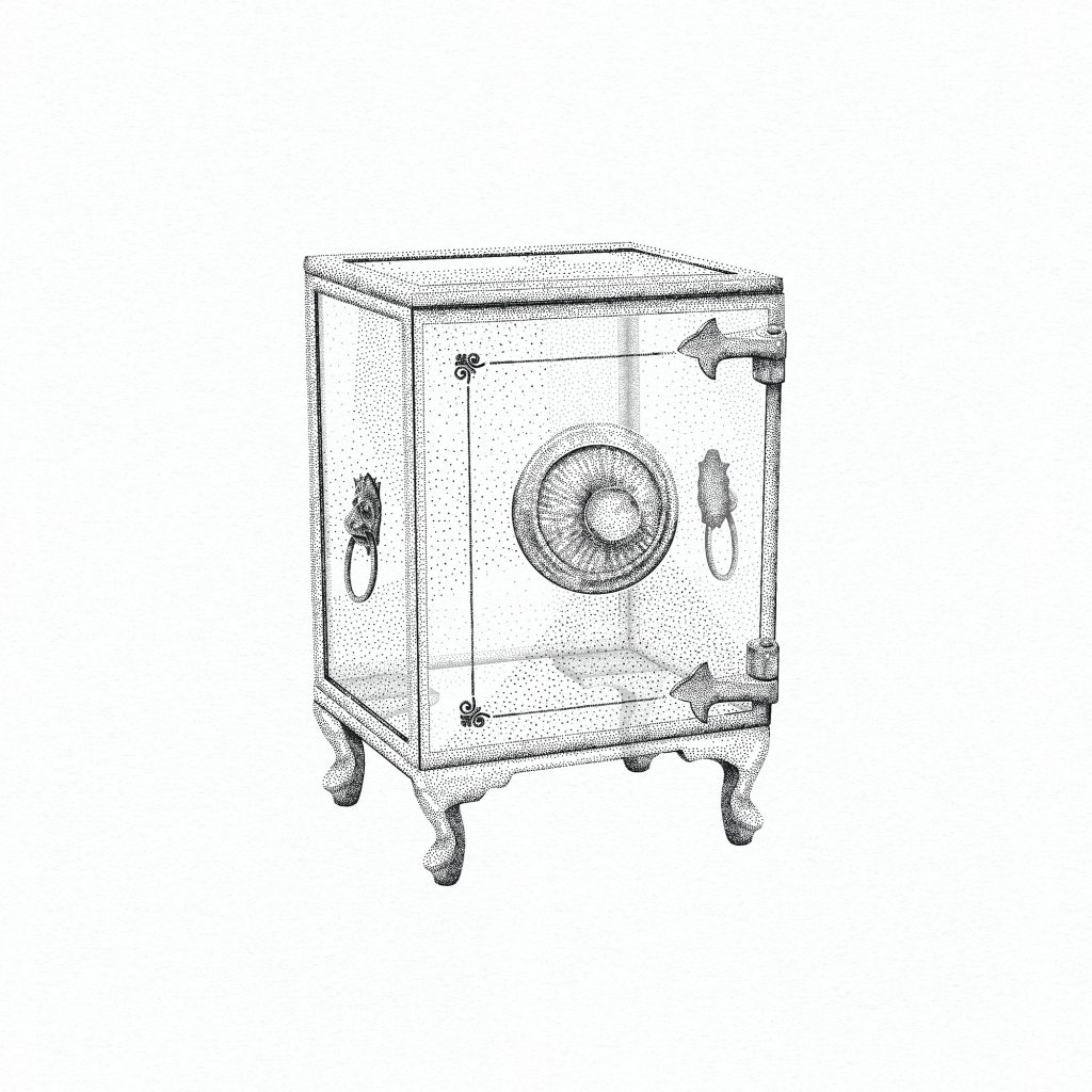 Pointillism illustration of a safe with glass side walls.