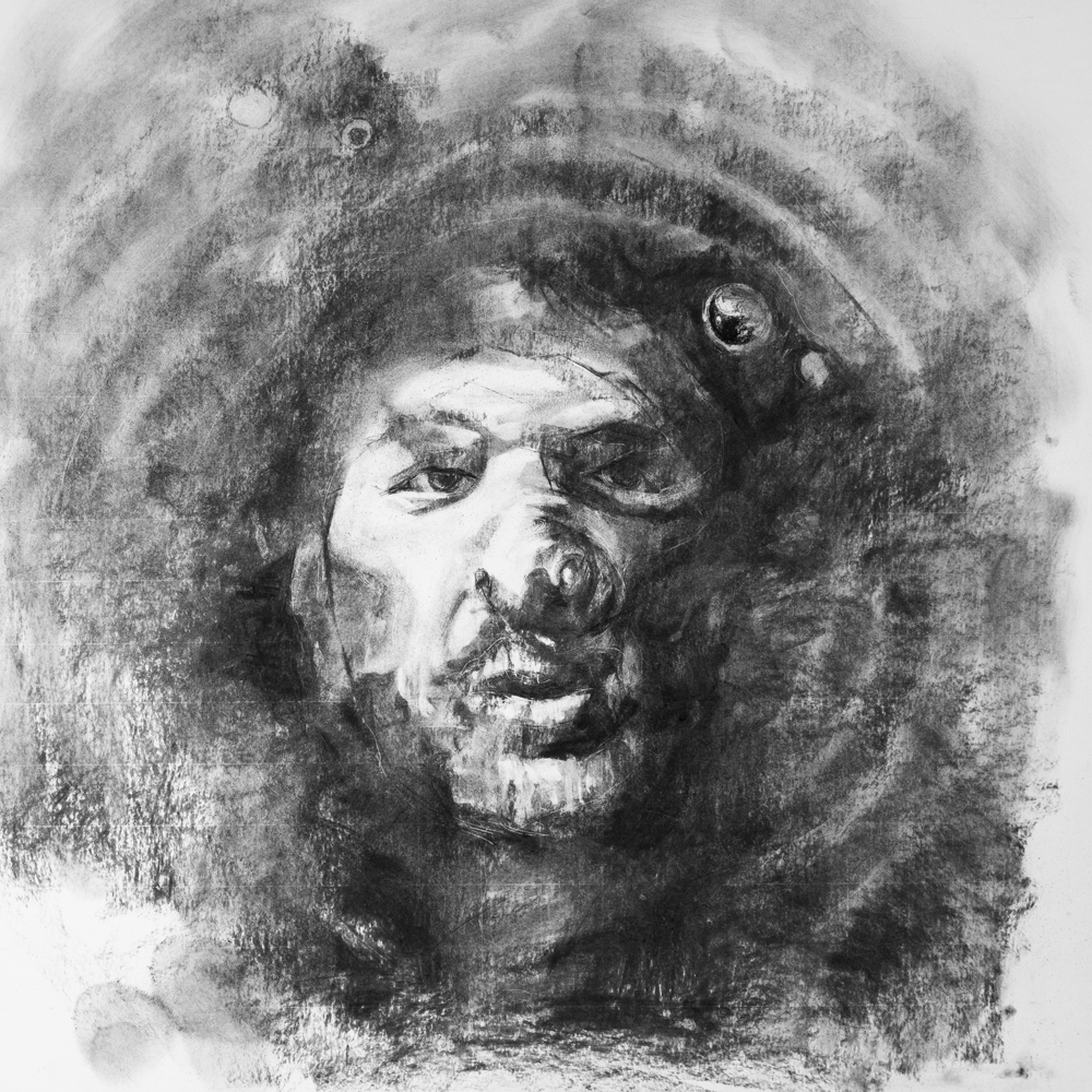 Charcoal drawing of a man's face drowning under water.