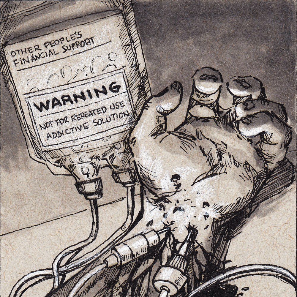 Pencil illustration of a hand being injected with a questionable drug.