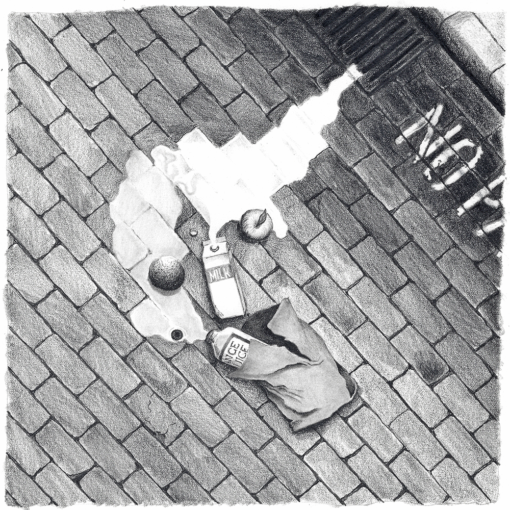 Black and white pencil drawing of a bag of groceries spilled on a cobblestone street.