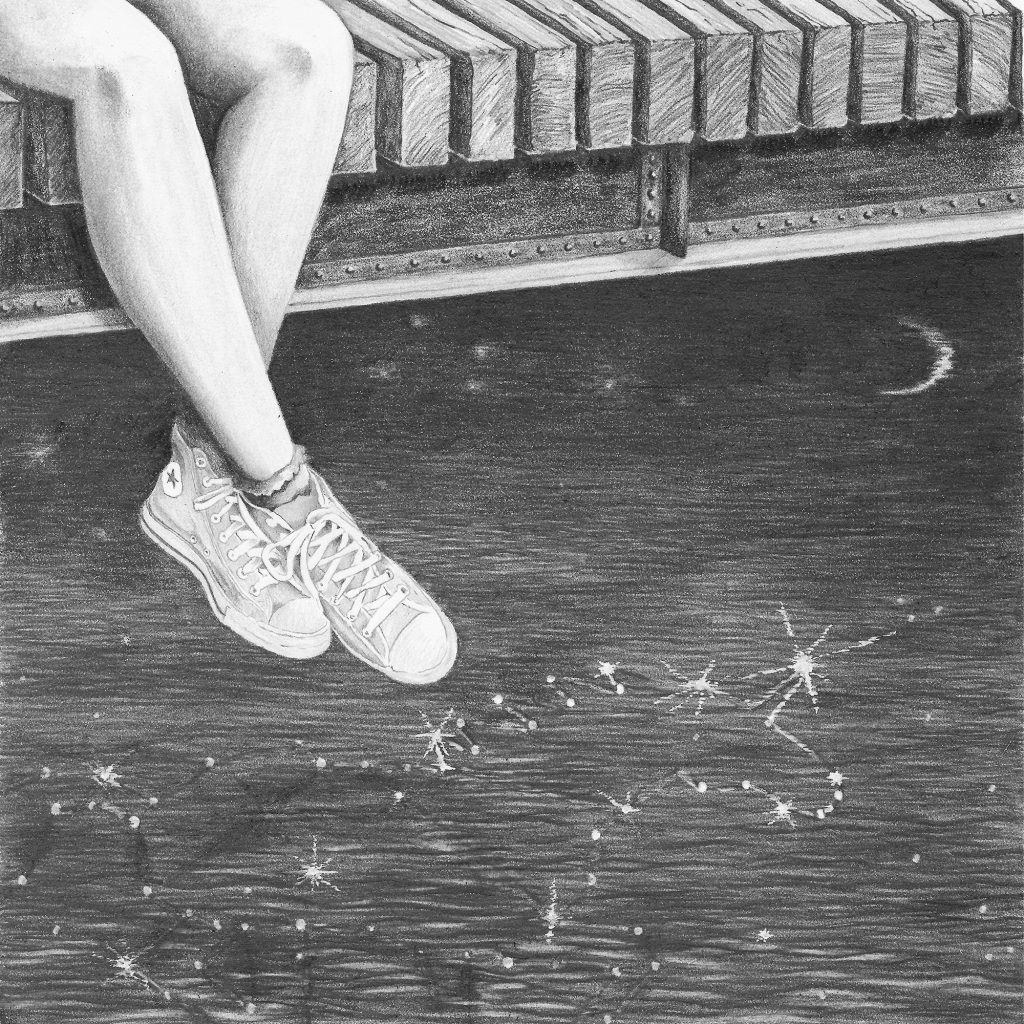 Black and white pencil illustration of a young girl's feet dangling over a river from rail tracks.