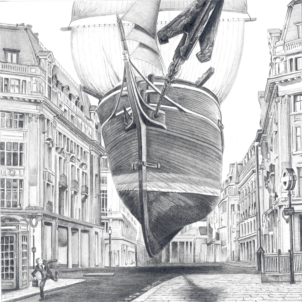 Black and white pencil sketch of a galleon floating down Oxford Street