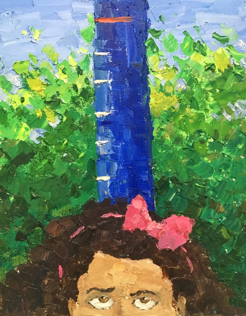 Palette knife painting of a little girls head at an amusement park check in.