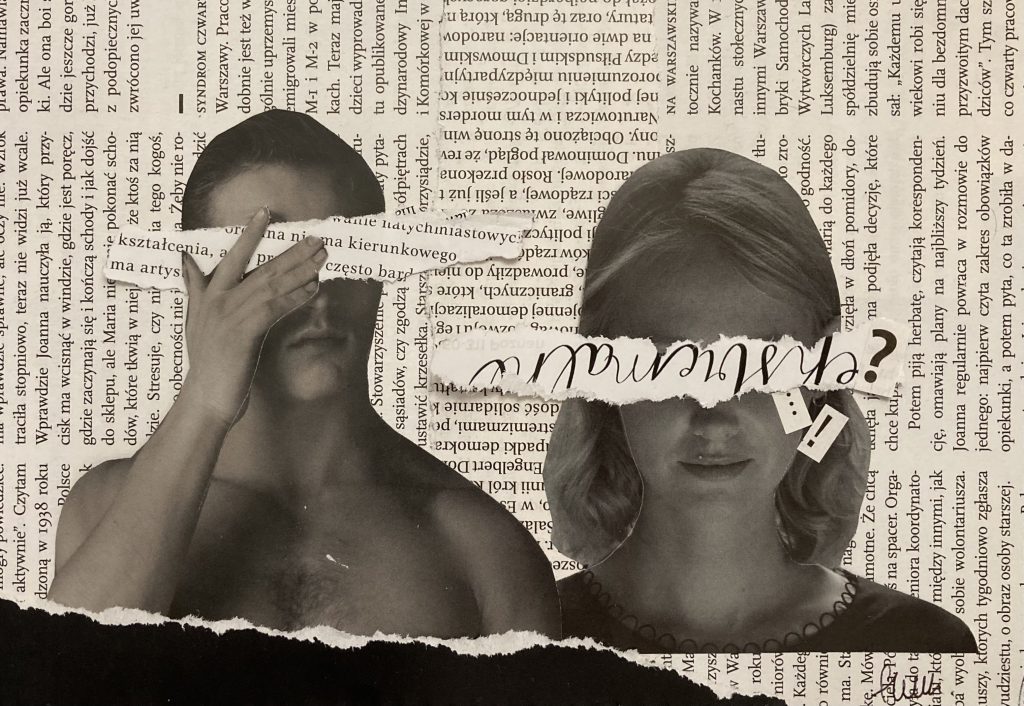Collage illustration of a man and woman.