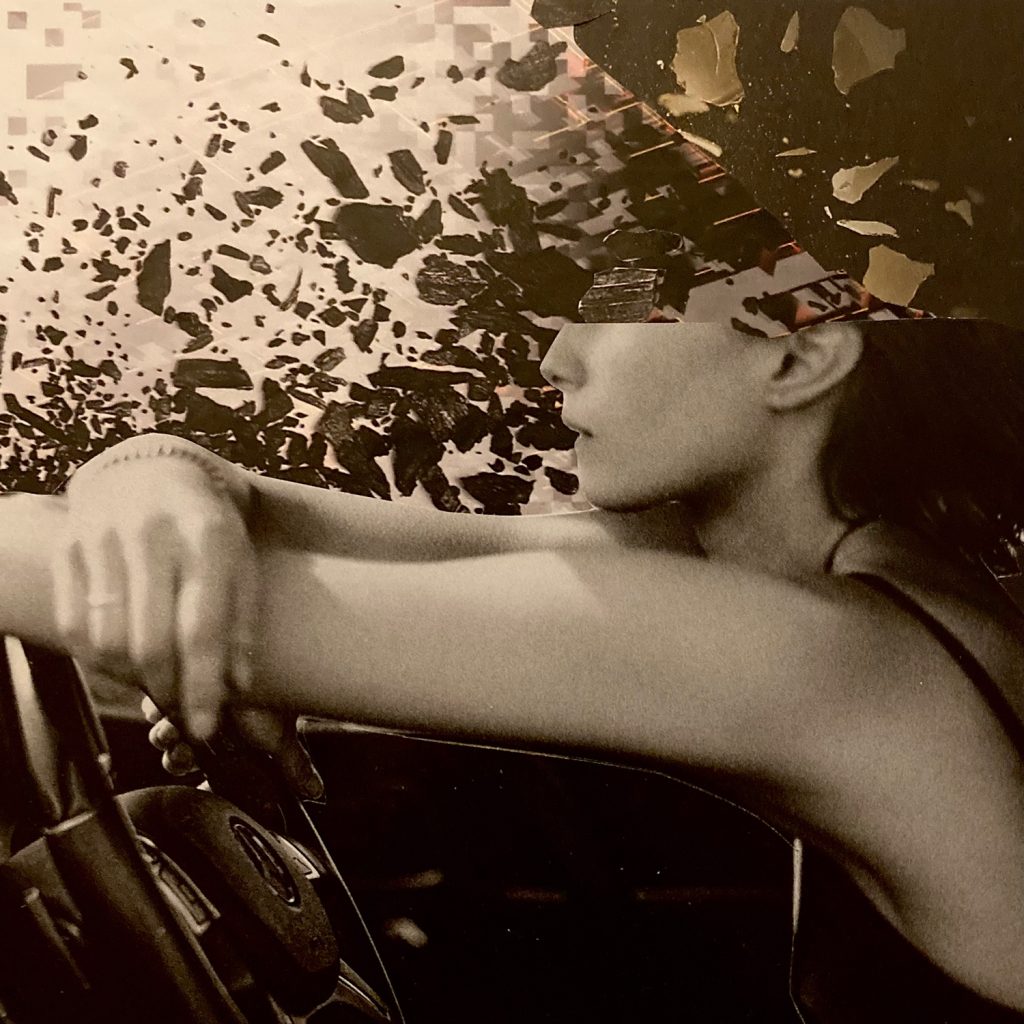 Collage of a young woman behind the wheel of a car, debris exploding from her mind.