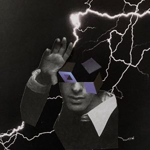 Collage illustration of lightning coalescing behind a man's head as he's about to cast a spell.