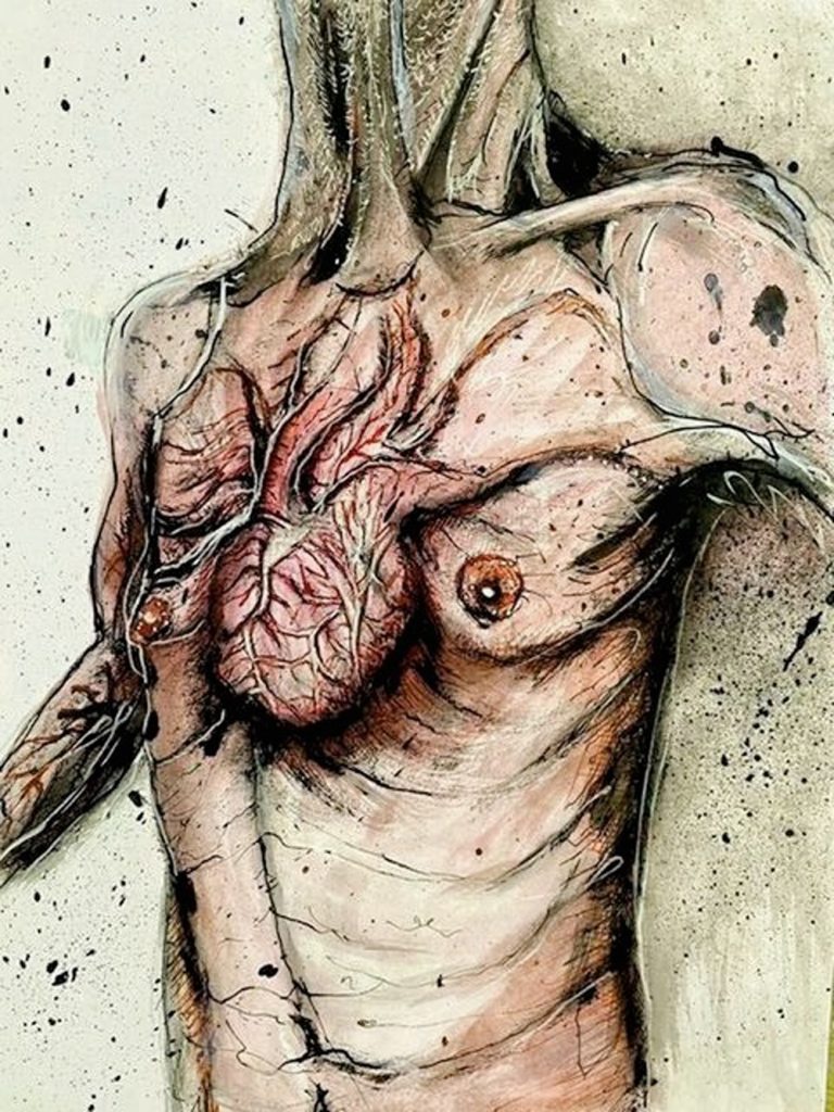 Oil painting of a male chest with an engorged heart pushing through the chest.