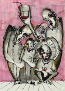 Oil painting of a band of men drunk at a party. 
